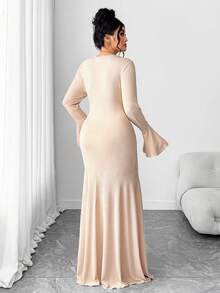 SHEIN Tall CURVE Đầm xòe tay bèo cổ tròn viền đuôi cá thanh lịch mới dành cho nữ cỡ lớn - Màu be - Xem 2