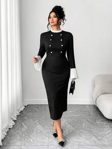 Elenzga Women's Elegant Ruffle Trim Contrast Button Knit Bodycon Maxi Dress, Office Workwear, Little Black Dress, Autumn Ladies Clothing Button Dress Bodycon Midi Dress Elegant Midi Dress Long Sleeve Elegant Dress - Black - View 6