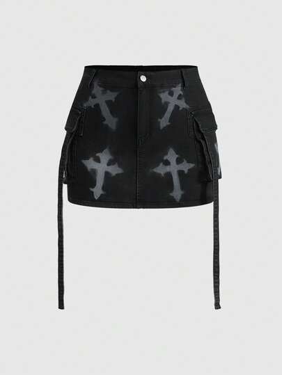 Grunge Punk Vintage Distressed Cross Pattern Cargo Pocket Plus Size Women Denim Mini Skirt