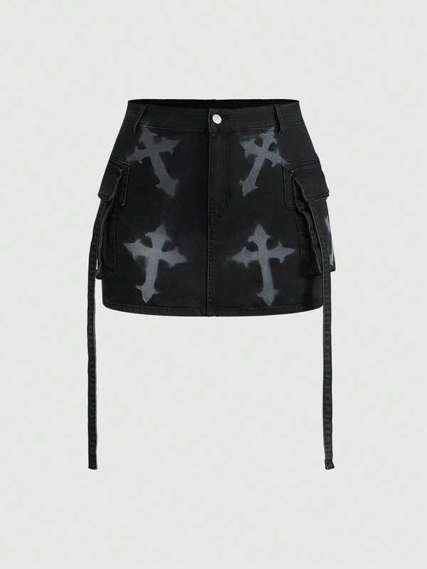 ROMWE Grunge Punk Vintage Distressed Cross Pattern Cargo Pocket Plus Size Women Denim Mini Skirt