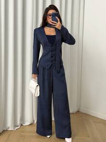 Modelyn Women's Elegant Blue Long Sleeve Padded Shoulder V-Neck Cinched Waist A-Line Cardigan And Straight Leg Pants, Autumn - Blue - View 3