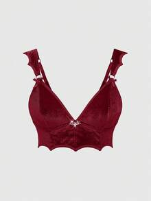 ROMWE Gothic Style Velvet Bat Shaped Metal Pendant Triangle Cup Wireless Bra - Burgundy - View 1