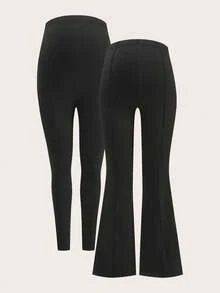 Modmama 2 件孕妇纯色喇叭裤，带可调节腰围和宽腰带紧身裤套装 - 黑色 - 查看 13