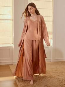 MOTF PREMIUM CONTRAST LACE BELTED ELEGANT LONG ROBE - Dusty Pink - View 5