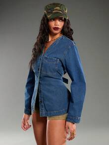 Normani Women's Fashion Front Button Waist Denim Blouse - Medium Wash - View 4