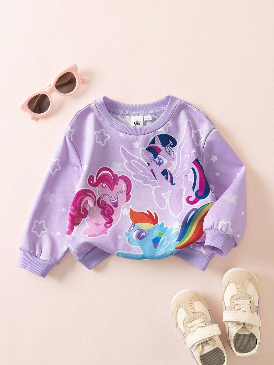 My Little Pony X SHEIN Baby Girl Cute Cartoon Pony Print Crew Neck Long Sleeve Loose Casual Outdoor Purple Sweatshirt - Multicolor - View 1