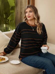 Rosumi كنزة صوفية مترهلة بياقة طاقم بلون أسود وبني وقطع ملونة وخطوط نقطية بمقاس كبير، للاستخدام في الخريف/الشتاء بشكل عادي