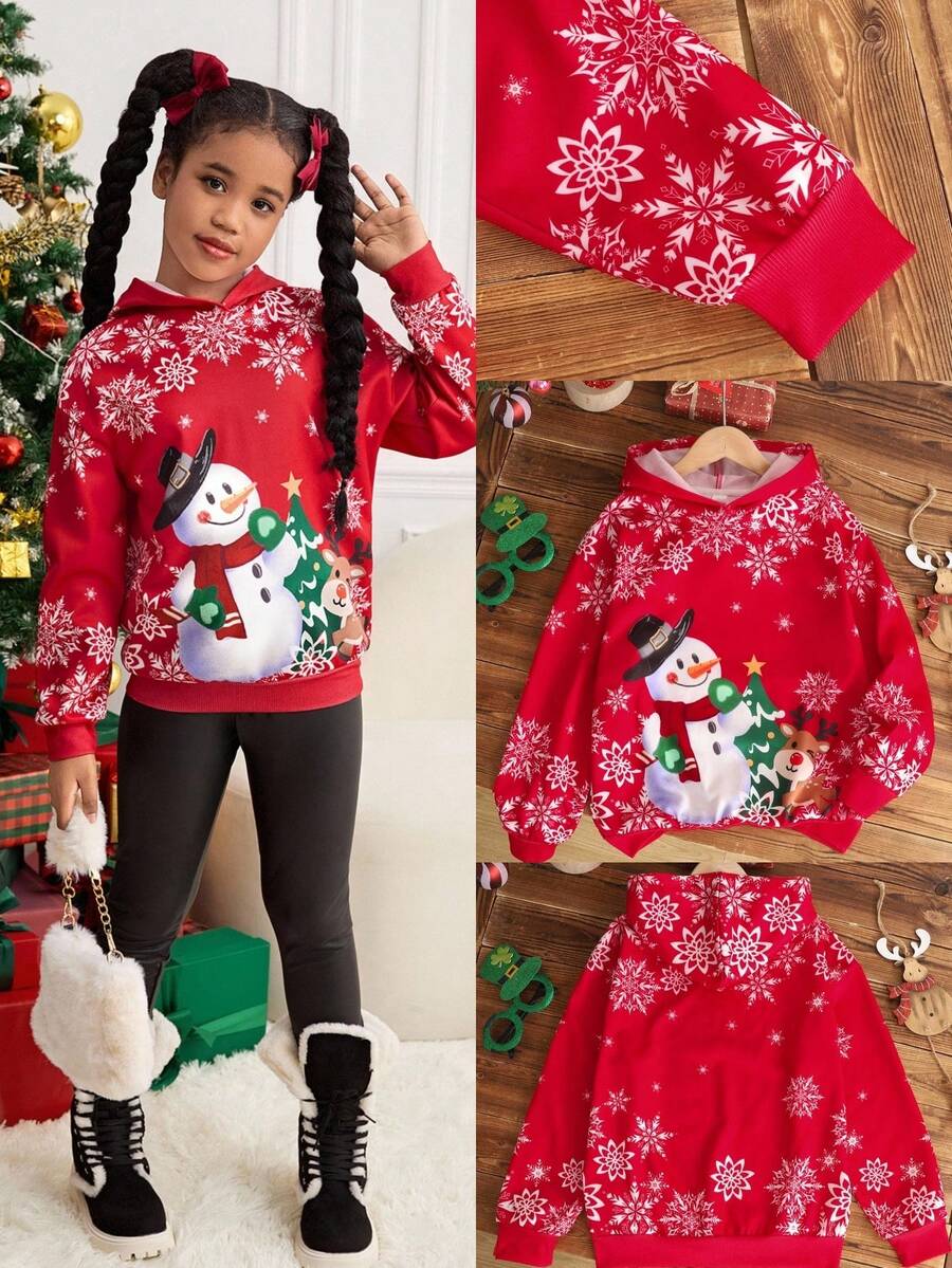 Tween Girl Christmas Cute Cartoon Snowman, Christmas Deer, Christmas Tree, Snowflake Pattern Red Festive Casual Loose Hoodie Sweatshirt, Comfortable Daily Wear Knit Long Sleeve Sweatshirt, Suitable For Autumn/Winter, Christmas Party Dress, Christmas Gifts, Christmas Dress Young Girls Winter Sets Christmas Outfits For Girls Sweatshirt Set For Girl Winter Tween Sets