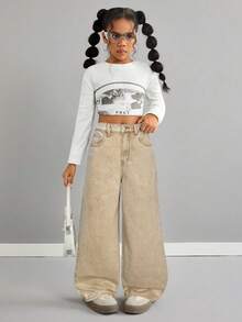 SHEIN Girls' Loose Fit Wide Leg Khaki Jeans - Apricot - View 6