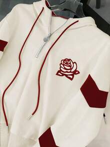 Franclia Regular Dropped Shoulder Hooded Half-Zip Long Sleeve Sweatshirt + Casual Drawstring Ankle Pants - Apricot - View 6