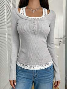 Franclia Zielony Women's Y2K Millennium Sexy And Cute Retro American Style 2In1 Lace Top, Suitable For Campus Parties, Daily Wear And Romantic Date And Vacation Winter Christmas New Year Women Thanksgiving Party Beach Graduation Elegant Luxury Chic Stylish - Light Grey - View 6