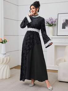 Al Najma Casual Retro Long Sleeve Waist Cinched Women's Arabic Style Dress - Black - View 4