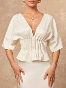 Lumalex Early Spring V-Neck Textured Fabric Cinched Waist Ruffle Hem Exaggerated Design Women Top Luxury NewYearNewLook QuietLuxe Prom Gathering Party Banquet Modest Old Money Coquette Glitter Holiday Party Rave Festival Outing Vacation Hot Outdoor Richly Layered Wedding Season Banquet ID Al-Adha Al-Adha Party New Year Looks Of Party - Apricot - View 4