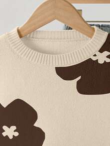 SHEIN Playful Pals Suéter infantil feminino casual com estampa floral e gola redonda, ideal para ocasiões casuais, em casa, encontros e para a volta às aulas. Suéter curto para meninas, perfeito para o outono. - Damasco - Ver 4