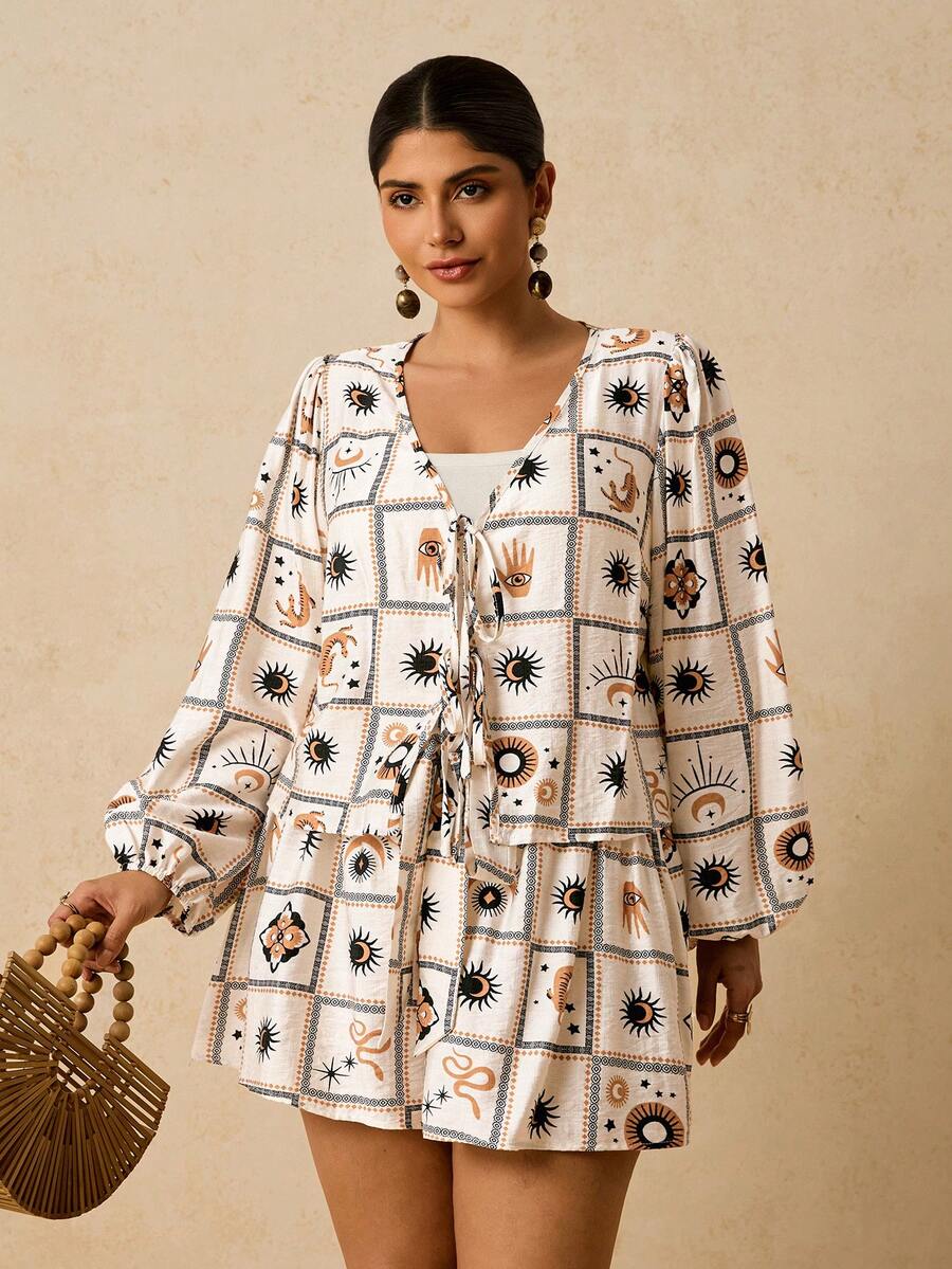 Travachic Ensemble short femme grande taille à carreaux et imprimé, blouse à nœud papillon et short confortable, tenue 2 pièces - Nude - Voir 1