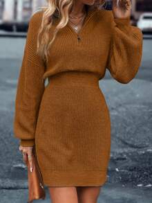 SHEIN LUNE Gaun Sweater Lengan Panjang Wanita Kasual Warna Polos dengan Resleting Setengah - Coklat - View 4