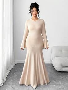 SHEIN Tall CURVE Đầm xòe tay bèo cổ tròn viền đuôi cá thanh lịch mới dành cho nữ cỡ lớn - Màu be - Xem 4