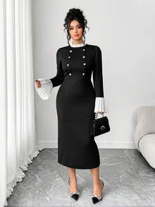 Elenzga Women's Elegant Ruffle Trim Contrast Button Knit Bodycon Maxi Dress, Office Workwear, Little Black Dress, Autumn Ladies Clothing Button Dress Bodycon Midi Dress Elegant Midi Dress Long Sleeve Elegant Dress - Black - View 8