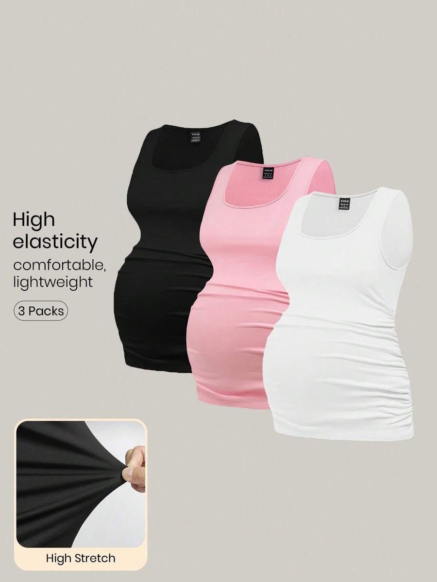 Modmama Áo ba lỗ giảm béo màu trơn Maternity 3 chiếc, giản dị & đơn giản, hoàn hảo cho mùa hè - Màu Hồng San hô - Xem 1