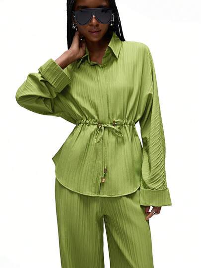 Aveloria Affinna 2pcs Set: Slouchy High-End Concealed Placket Tie-Waist Flared Cuff Shirt & Wide Leg Elastic Waist Pants