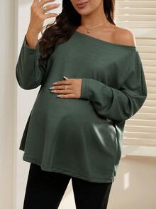 SHEIN Blusa de manga larga con cuello asimétrico, elegante y cómoda para embarazadas - Verde - Ver 5