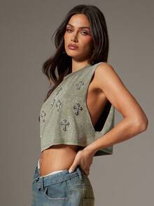 Denimoi Áo ba lỗ khoét nách trễ đính đá chéo, thời trang, áo crop top - Màu xanh Ô liu - Xem 5