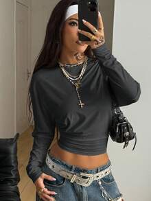 Coolane Women's Charcoal Gray Ruched Long Sleeve Crop Tees,Autumn Punk Night Out Y2K Streetwear Minimalist Basic Stretchy Loose Winter Fall Clothes - Dark Grey - View 4