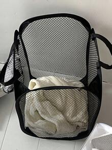 1个大容量黑色可折叠洗衣篮，带提手和多口袋，可折叠网状设计，节省空间，适用于衣柜收纳、宿舍、公寓、家庭、旅行，便携式衣物整理篮 - 深色 - 查看 4