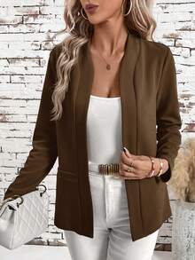 SHEIN Clasi 女士无领百搭纯色优雅简约百搭舒适红色秋冬常规夹克 - 駝色 - 查看 5