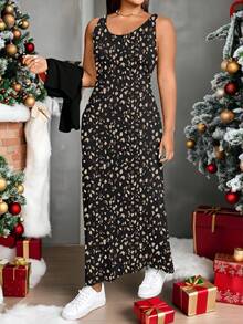 SHEIN Essnce 两件套加大码女式豹纹长袖T恤和无袖连衣裙，休闲度假装，秋冬季