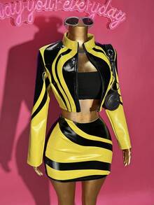 Slaydiva 2025 Höst Nytt Halloween Födelsedagsfest Bankett Collegestil Student Daglig Casual Kryssning Resor Viral Streetwear Sexig Klubb Y2K Punk Racing Motorcykelinspirerad Dam 2-delars Set: Långärmad Figurnära Jacka + Bodycon Minikjol, Svart Med Gult PU-Bläcktryck, Höst/Vinter - Multifärgad - Visa 13