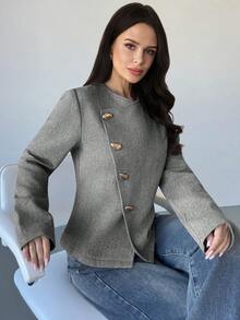 Firerie 女士优雅精致休闲日常通勤新款街头时尚都市时尚斜襟金属纽扣腰部收紧长袖双面呢大衣，秋冬 - 黑與白 - 查看 1