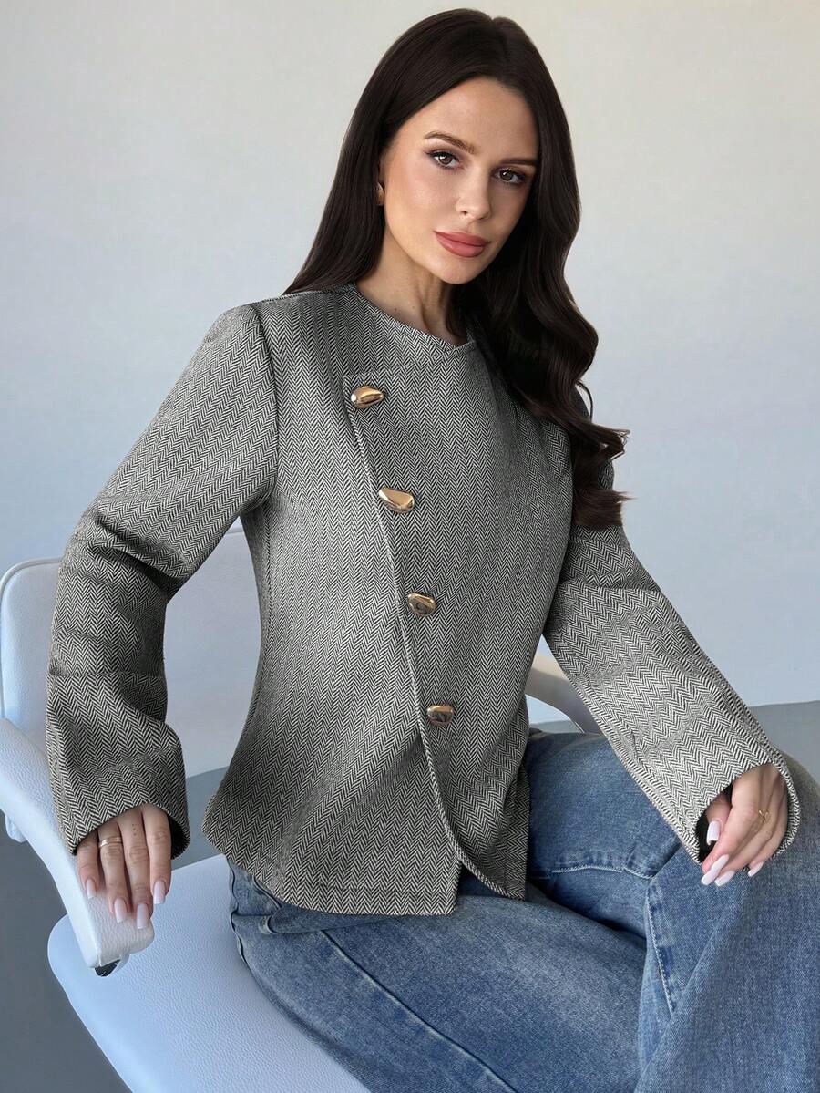 Firerie 女士优雅精致休闲日常通勤新款街头时尚都市时尚斜襟金属纽扣腰部收紧长袖双面呢大衣，秋冬 - 黑與白 - 查看 1