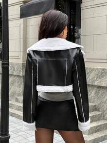 SHEIN EZwear 1 件泰迪内衬 PU 皮袖短款夹克，女士深秋休闲口袋，拉链常规袖翻领宽松黑色聚氨酯拼色女式夹克，冬季保暖/冬季时尚 - 黑色 - 查看 2