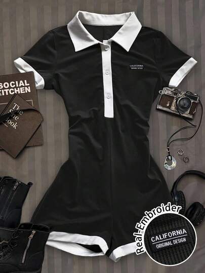 Attitoon Casual Minimalist Letter Embroidered Jumpsuit For Women, Suitable For Outings, Street Style, Chic