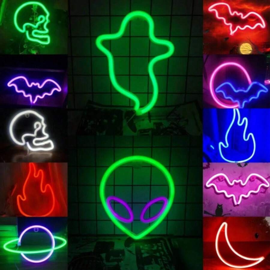 1 pieza Lámpara de pared de neón, luz decorativa LED, alimentada por USB o 3*pilas AA, adecuada para habitación, dormitorio, bar, Navidad, Halloween, fiesta de cumpleaños (pilas no incluidas) Luz de decoración de Halloween, decoración del hogar, decoración de fiesta, decoración de Halloween, decoración de habitación, decoración de jardín de Halloween como regalo, hadas - Multicolor - Ver 1