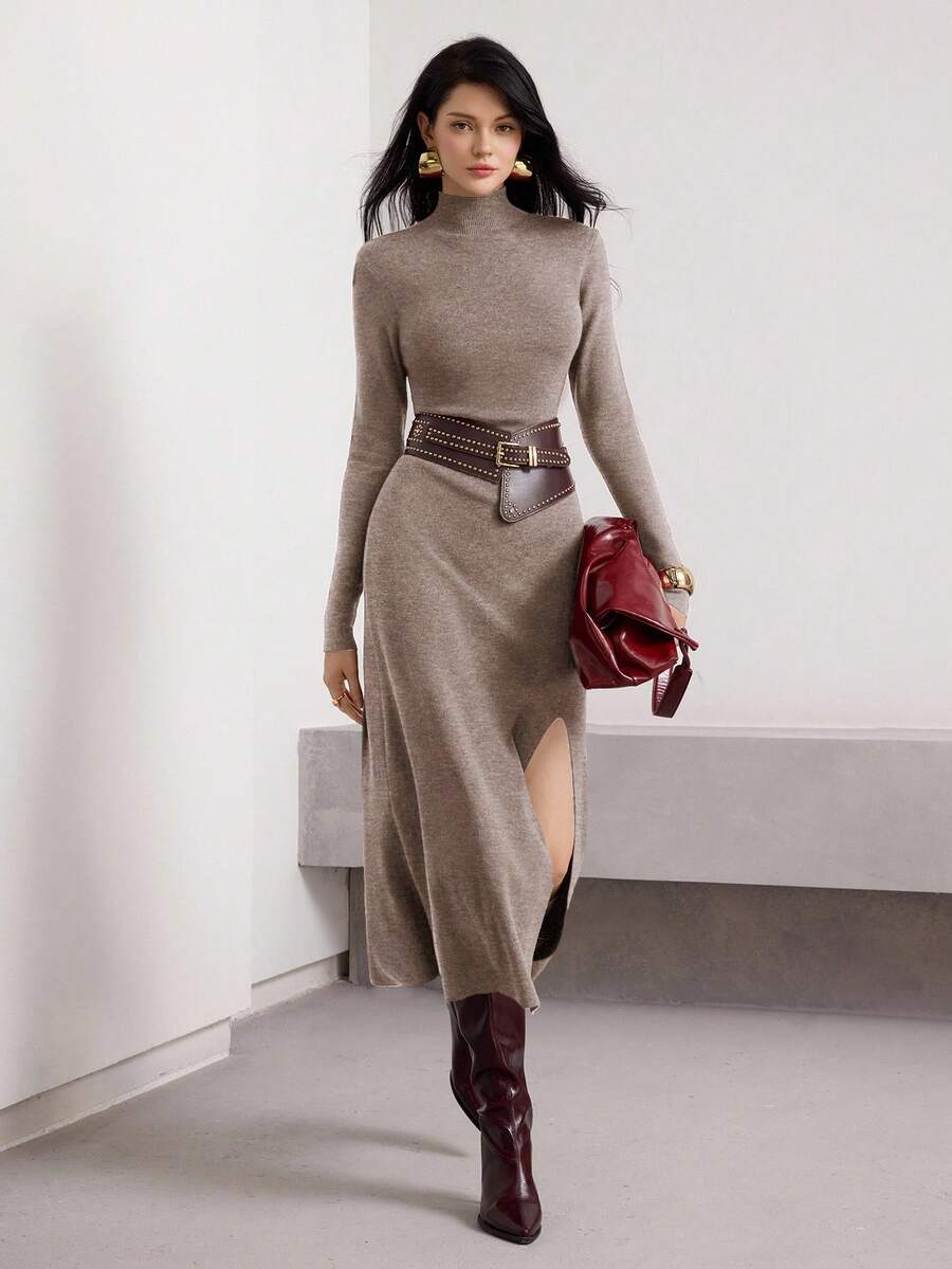 Heiryn Vestido de punto de unicolor con cuello alto, manga larga y bajo con abertura lateral, para otoño/invierno - Camel - Ver 1
