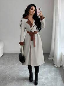 Elenzga 女士撞色领设计双排扣收腰优雅休闲通勤时尚法式百搭商务度假风衣，奶油白与杏色拼接，长袖，秋冬款 - 灰色 - 查看 6