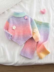SHEIN Baby Girl, Casual And Cute, Colorful And Flower-Decorated Knitted High-Neck Sweater + Knitted Wide-Leg Pants Two Pieces Set Baby Knitwear Baby Girl Knitted Outfits Rainbow Warm Clothes Baby Girl Baby Girl Sweaters Set Knit Two Piece Toddler Autumn And Winter Two Piece Suit