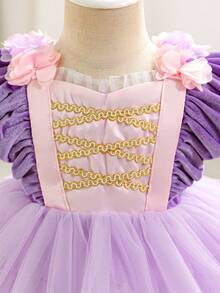 SHEIN Glamorique Kids 紫色薄纱蛋糕裙，女婴公主裙，圣诞女婴裙，派对礼服，圣诞老人裙，新年裙，花卉刺绣，金色丝带，蕾丝，舞台表演，中东风情，优雅正式礼服，四季皆宜