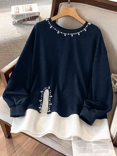 Lacomfia 1 Stück schwarzer Damen Langarm Sweatshirt, modisches Nieten Design Top