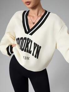 Dewbera Women's Letter Print Drop Shoulder Long Sleeve Loose Fit Sweatshirt Brooklyn Sweatshirt New York Jersey Women Sweatshirt New York Outfits Brooklyn New York Gym Sweatshirt Sporty Chic Gym Clothes Women Oversized - Apricot - View 6