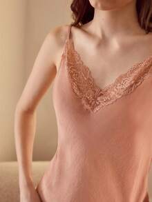 MOTF PREMIUM WOMEN'S CONTRAST LACE CAMISOLE TOP AND LOOSE WIDE LEG PANTS PAJAMA SET - Dusty Pink - View 2