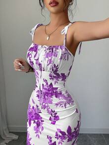 Elenzga New Arrival Women's Spaghetti Strap Tie Bow Waist Ruffle Hem Slit Design Dress, Versatile For Dates, Parties, Daily Wear, Flattering & Elegant - Purple - View 4