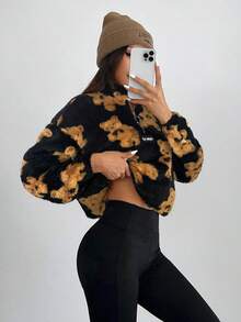 CovetEZ Cozy Women's Stand Collar Teddy Bear Print Half Placket Sweatshirt In Black Flannelette With Long Sleeves And Zipper Detail Fall Sweater Teddy Bear Print Jacket Fur Top Fuzzy Sweater Quarter Zip Sweater - Black - View 3