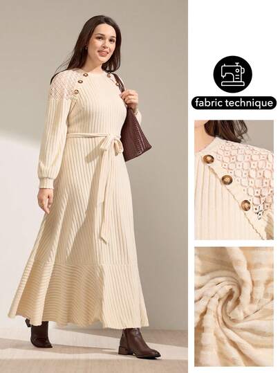 Momelise Vestido casual de línea A con cintura anudada, de manga larga, con parches de encaje y unicolor, para otoño/invierno, talla grande