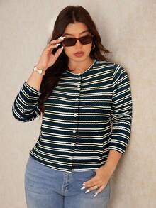 Elaquor Plus Size Striped Crew Neck Long Sleeve Button Front Casual Versatile T-Shirt Spring - Navy Blue - View 6