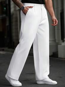 Manfinity Homme Plus Size Men's Solid Color Pockets Straight Leg Loose Casual Pants, Fall - White - View 4
