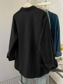 INAWLY Plus Size Solid Color Button Front Long Sleeve Casual Shirt - Black - View 2