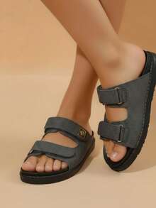 Sandalias de mujer transpirables con cierre ajustable, estilo playero y punta amplia para vacaciones - Gris - Ver 3